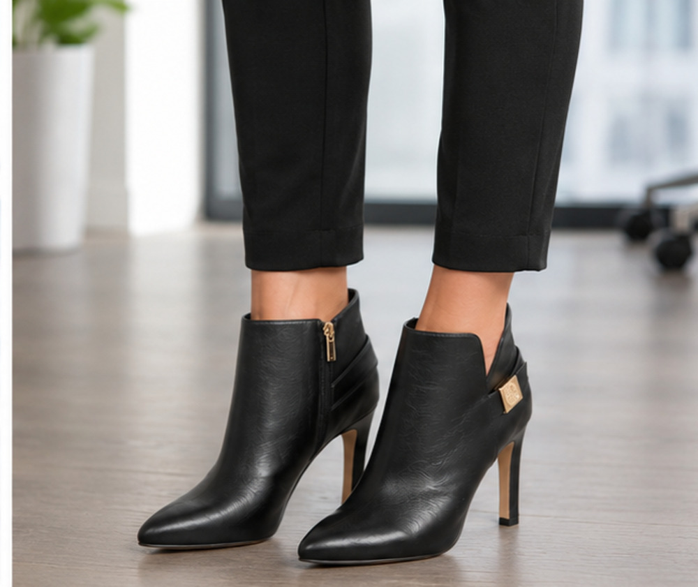 Vince Camuto Lokarie Black Leather Pointed Toe Heel Ankle Boots Zip Womens Sz 10